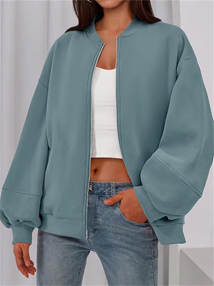 Women's Autumn Simple Puff Sleeved Zip Up Baseball Collar Coats