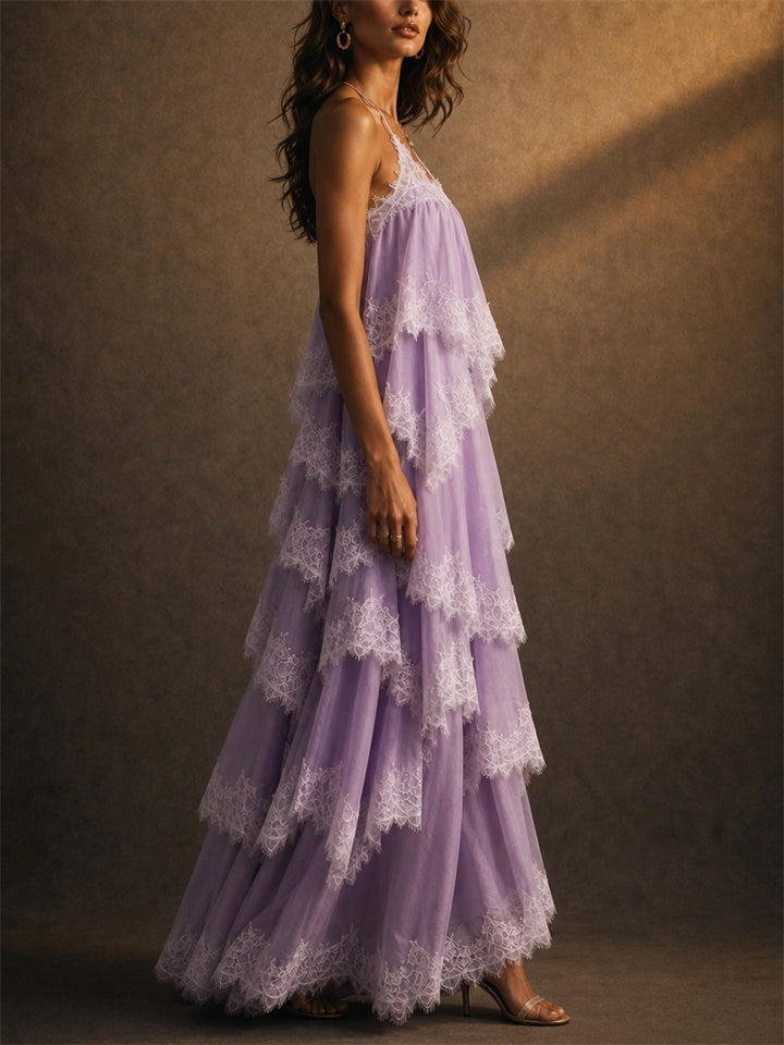 Women Boho Tiered Lace Ruffle Ombre Chiffon Maxi Dress