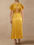 Women's Gold Pleated Backless Cutout Party Maxi Dress