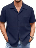 Men's Solid Color Waffle Button Up Suit Collar Short Sleeve Shirts