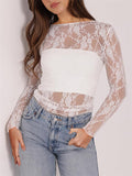Sexy Sheer Lace Long Sleeve Sabrina Neck Shirts for Women