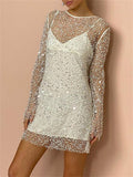 Lady See Through Matching Sets Mesh Sequin Pearl Dresses