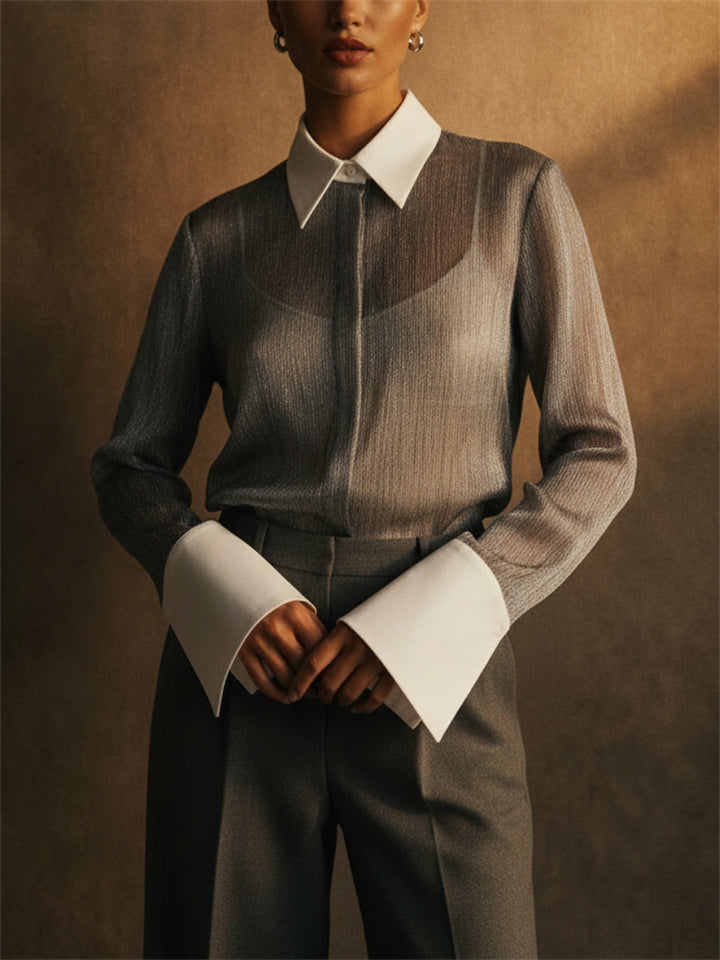 Womens Chic Sheer Shimmer Contrast Collar Cuff Pleated Blouse