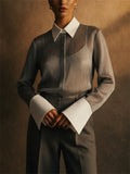 Womens Chic Sheer Shimmer Contrast Collar Cuff Pleated Blouse
