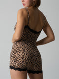 Women's Tiger Leopard Print Lace Trim Sexy Bodysuit Romper Shapewear Jumpsuit