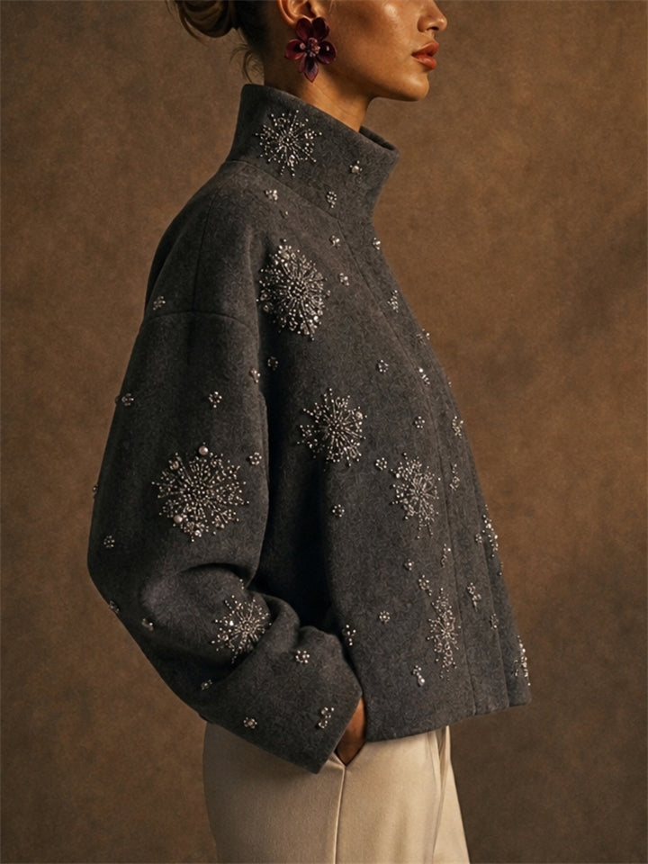 Women Grey Beaded Snowflake Stand Collar Wool Blend Jackets