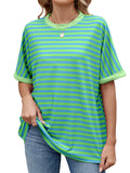 Women's Casual Contrast Color Striped Round Neck Short Sleeve T-Shirts