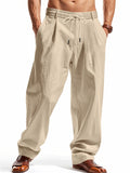 Men's Summer Casual Linen Solid Color Drawstring Wide Leg Trousers
