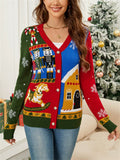 Women's Autumn Contrast Color Jacquard V Neck Cardigan Christmas Sweaters