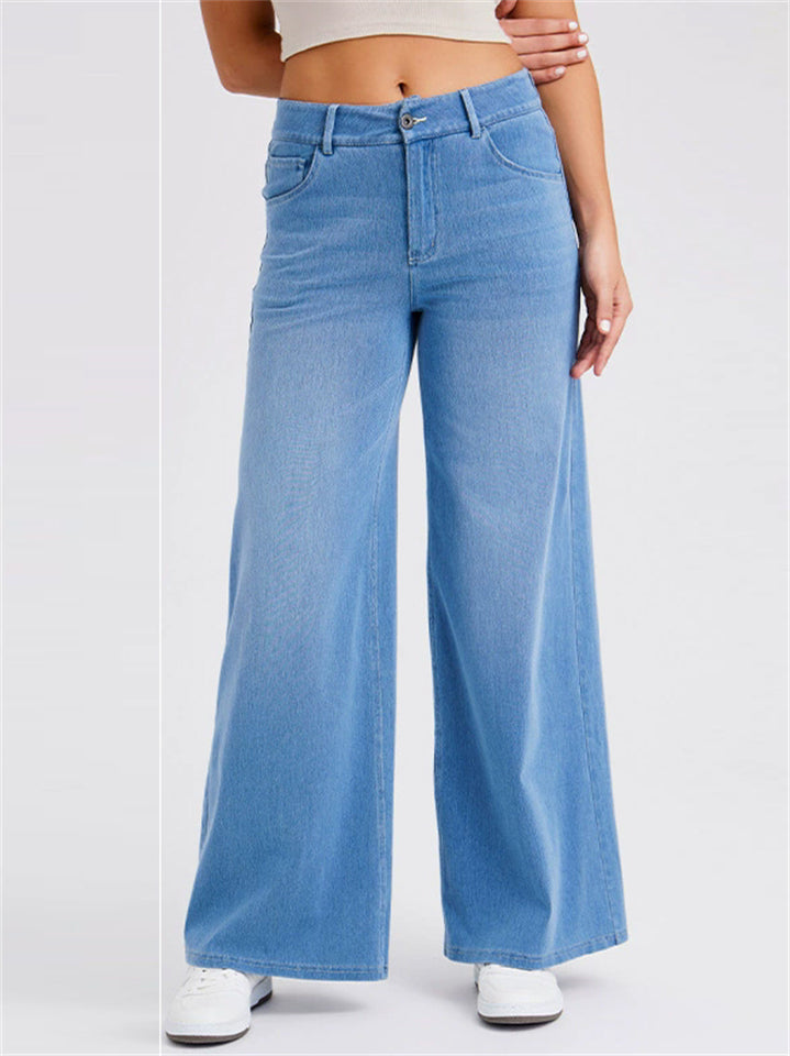 Womens High Waisted Wide Leg Jeans Whisker Denim Pants