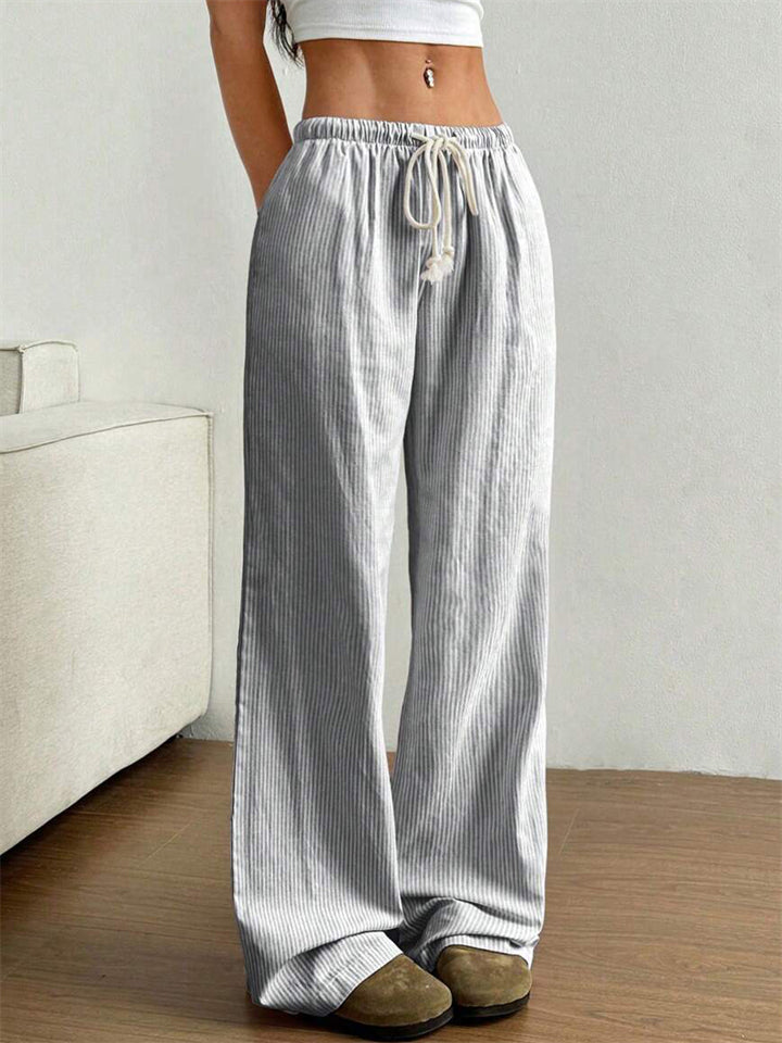 Simple Striped Wide Leg Casual Pants for Women with Drawstring Waist
