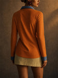 Women Long Sleeve Denim Contrast Polo Ribbed Henley Shirts