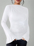 Women's Solid Color Pleated Flared Sleeve Stand Collar Slim Fit Shirt