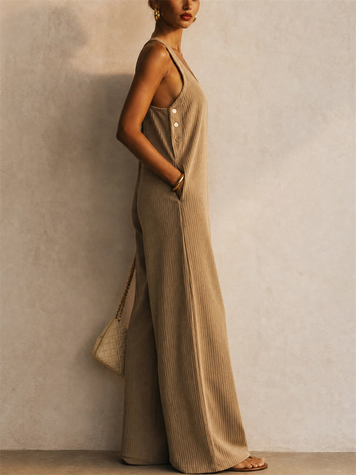 Women Sleeveless Corduroy Backless Casual Wide Leg Jumpsuit