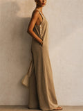 Women Sleeveless Corduroy Backless Casual Wide Leg Jumpsuit