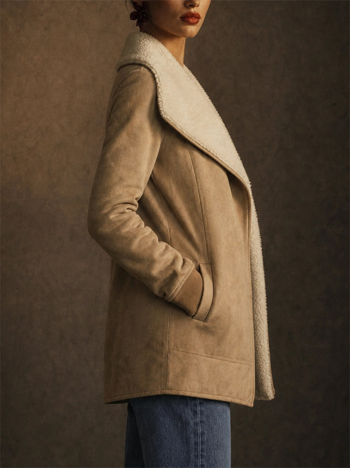 Women Faux Suede Sherpa Lined Open Front Winter Coats