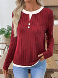 Women Simple Pullover Patchwork Collar Long Sleeve Knit Top