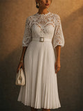 Women Hollowed Lace Puff Sleeve Belted Pleated Formal Midi Dress
