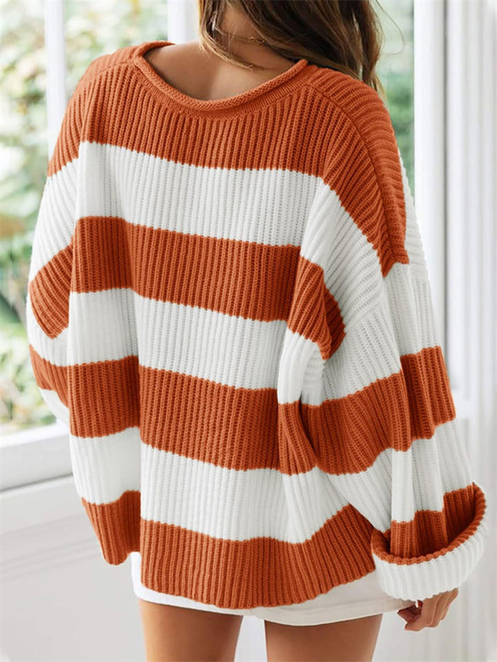 Women's Autumn Round Neck Contrast Color Striped Flare Sleeve Sweaters