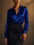 Women Elegant Royal Blue V Neck Silky Long Sleeve Satin Blouses