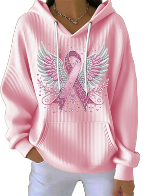 Women's Autumn Wings& Ribbon Print Long-sleeved Kangaroo Pocket Hoodies