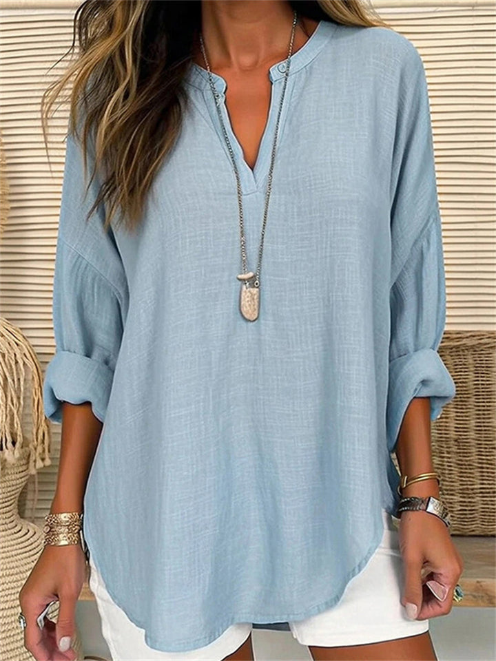 Women's Summer Vacation V Neck Linen Long Sleeve Shirt