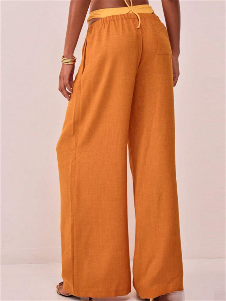 Women's Summer Solid Color Wide Leg High Rise Drawstring Pants