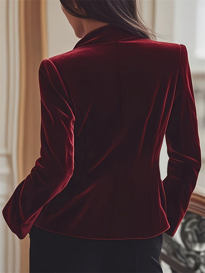 Wine Red Stand Collar Velvet Blazer with Gold Buttons for Women