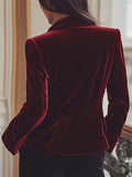 Wine Red Stand Collar Velvet Blazer with Gold Buttons for Women