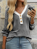Women Striped Knit V Neck Long Sleeve Loose Fit Casual Shirts