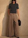 Womens Vintage High Waist Wide Leg Pleated Office Work Dress Pants