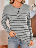 Women's Contrast Color Stripe Quarter Button Long Sleeve T-Shirt