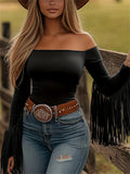 ‌Retro Western Style Fitted Off Shoulder Fringe Top for Women‌