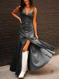 Women's Vintage Distressed ‌buttons Up Big Hem Strappy Denim Maxi Dress