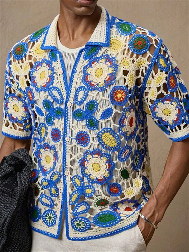 Men's Retro Summer Trendy Hollow Crocheted Short Sleeve Shirts