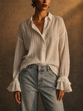 Women F‌rench Style Ruffle Bell Sleeve Button Down Striped Top