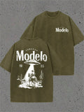 Unisex Modelo Vintage Acid Wash UFO Cowboy Graphic T Shirts
