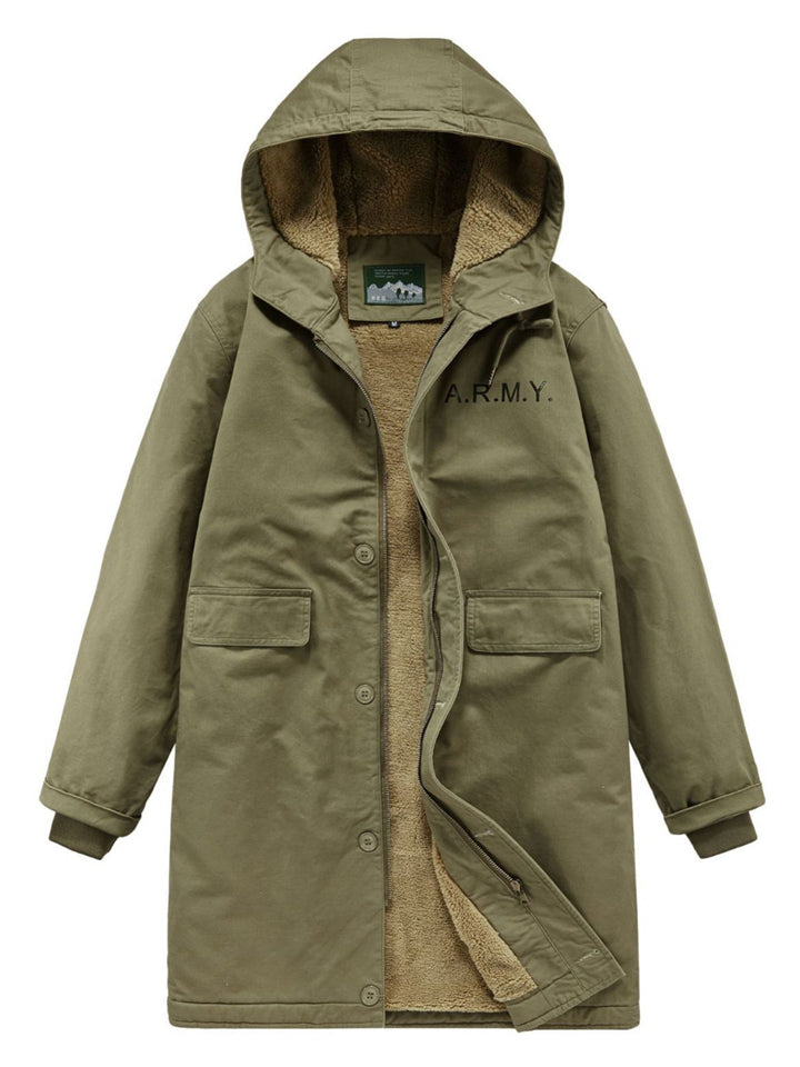 Men's Retro Solid Color Letter Print Fleece-lined Hooded Coat