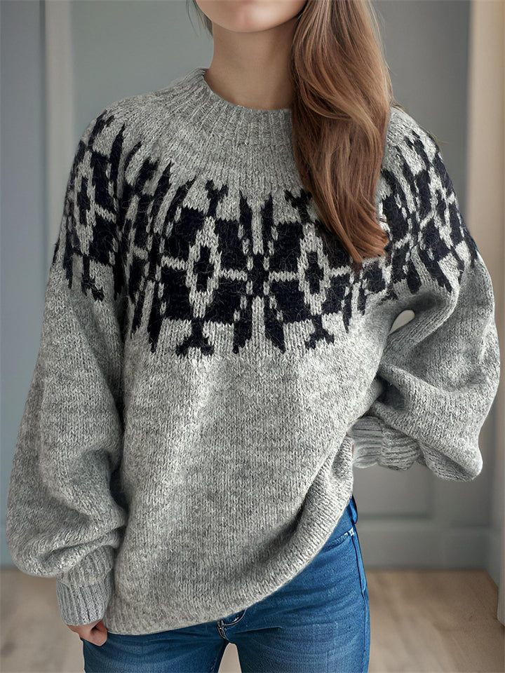 Women's Retro Jacquard Contrast Color Round Neck Long Sleeve Sweater