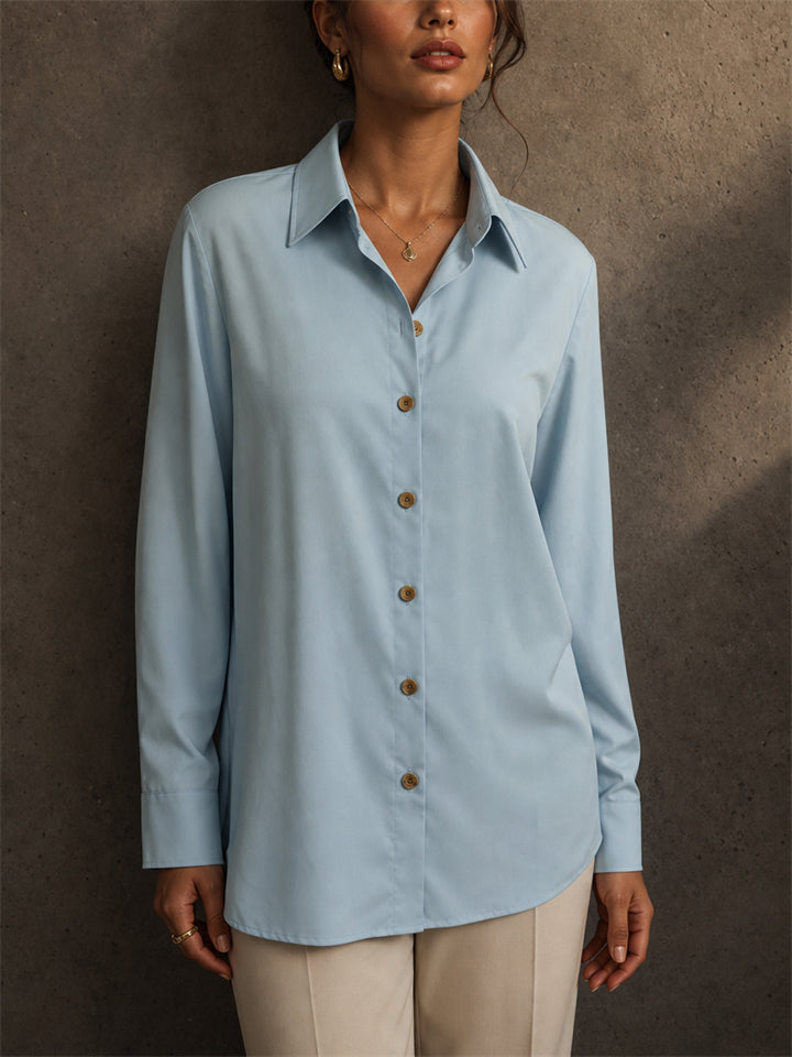 Women Light Blue Long Sleeve Button Down Work Blouse Shirts