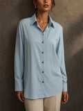 Women Light Blue Long Sleeve Button Down Work Blouse Shirts