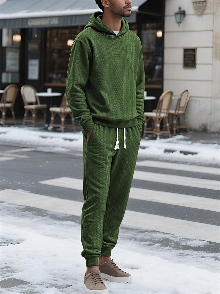 Men's Casual Solid Color Textured Jacquard Drawstring Hooded Sweatshirts & Sweatpants Outfit
