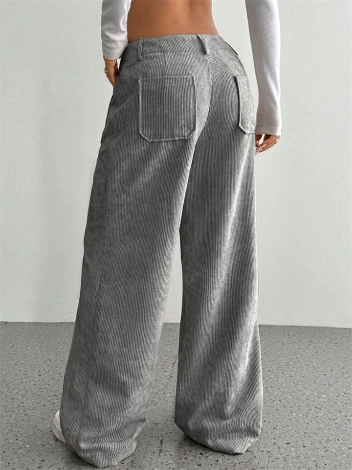 Women's Corduroy Solid Color Mid Rise Pockets Wide Leg Pants