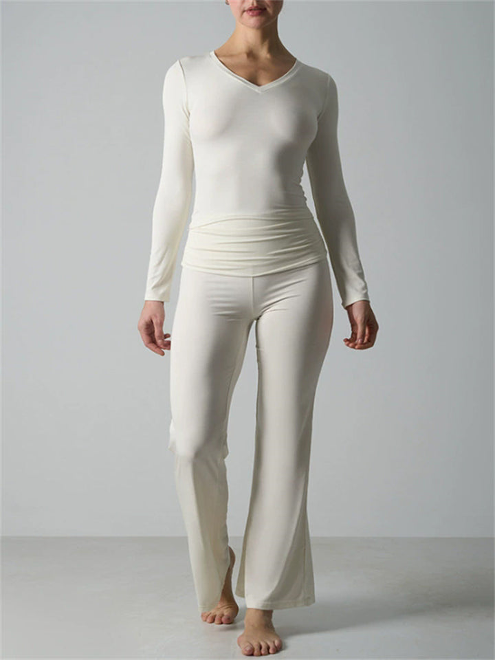 Women's 2 Piece Lounge V Neck Long Sleeve Top and Flare Yoga Pants Set