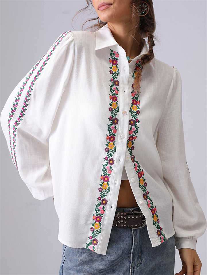French Style Floral Embroidery Lapel Long-sleeve Blouse