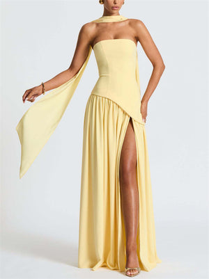 Women's Trendy Solid Color Strapless High Split Evening Dress