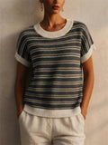 Womens Striped Short Sleeve Knit Top Casual Crewneck Tee