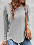 Women's Contrast Trim Round Neck Long Sleeve Asymmetric Hem Shirts