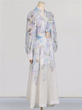 French Style Purple Elegant Floral Print Long Sleeve Button Maxi Dress for Women