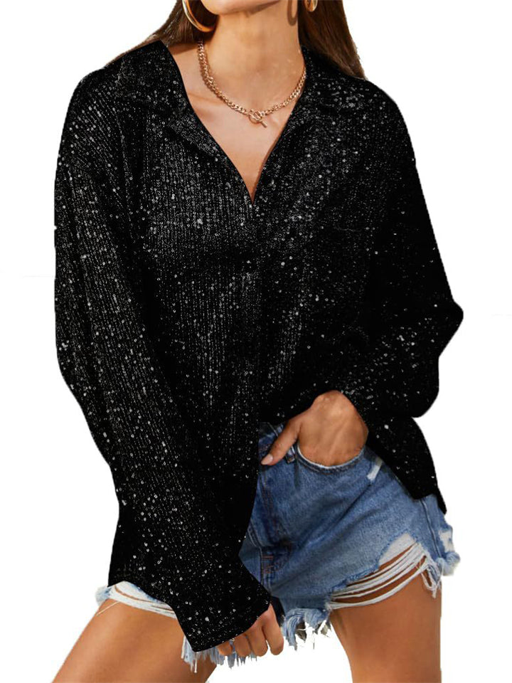 Women's Long Sleeve Lapel Temperament Sequin Blouses